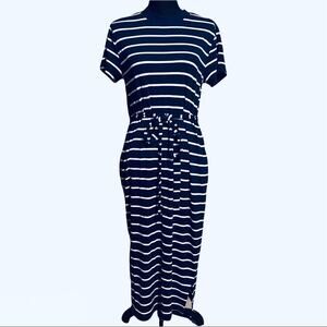 Time and Tru Navy Blue and White Striped Belted Dress Women's S 4-6